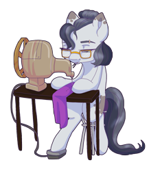 Size: 2475x2816 | Tagged: safe, artist:xxcommandershepardxx, derpibooru import, oc, oc only, oc:jaded radiance, earth pony, pony, concentrating, female, glasses, jewelry, mare, mouth hold, sewing, sewing machine, simple background, sitting, stool, table, tail, transparent background, upright