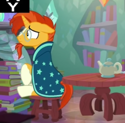 Size: 352x347 | Tagged: safe, screencap, sunburst, pony, the crystalling, book, chair, cropped, glasses, sitting, solo, table