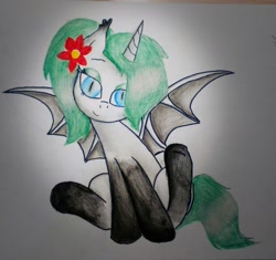 Size: 2302x2160 | Tagged: artist needed, safe, derpibooru import, oc, oc only, oc:princess margarita, alicorn, bat pony, bat pony alicorn, alicorn oc, drawing, female, flower, flower in hair, gradient hooves, looking at you, slit eyes, solo, traditional art