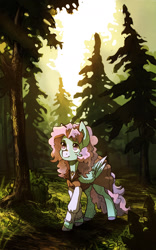 Size: 1243x1994 | Tagged: safe, artist:koviry, derpibooru import, oc, oc only, oc:sugar star, pegasus, pony, clothes, dappled sunlight, folded wings, forest, looking up, outdoors, path, scenery, solo, walking, wings, ych result