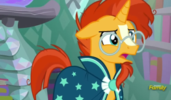 Size: 776x456 | Tagged: safe, screencap, sunburst, pony, the crystalling, book, bookshelf, cape, clothes, discovery family logo, glasses, solo