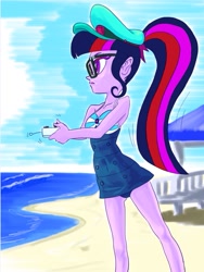 Size: 777x1035 | Tagged: safe, artist:xjleiu, derpibooru import, sci-twi, twilight sparkle, better together, equestria girls, forgotten friendship, attached skirt, beach, bow swimsuit, clothes, geode of telekinesis, glasses, hat, ocean, one-piece swimsuit, open mouth, ponytail, remote, sand, skirt, solo, swimsuit