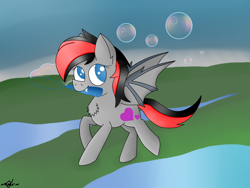 Size: 3264x2448 | Tagged: safe, artist:luriel maelstrom, oc, oc only, oc:shadow dark-heart, bat pony, pony, vampire, vampony, background is better than the main character, blue eyes, bubble, bubble wand, chest fluff, colored, cute, grass, looking at you, running, shiny mane, solo, two toned mane