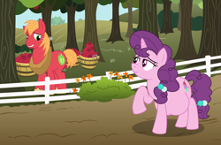 Size: 5500x3600 | Tagged: safe, artist:myfavoritepreggopics, derpibooru import, big macintosh, sugar belle, earth pony, pony, unicorn, the break up breakdown, apple, apple tree, applebucking, female, fence, flower, food, male, pregnant, road, shipping, straight, sugarmac, tree, vector