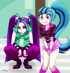 Size: 981x1028 | Tagged: safe, alternate version, artist:paradoxbroken, color edit, colorist:ironhades, derpibooru import, edit, aria blaze, sonata dusk, human, equestria girls, blushing, boots, breasts, clothes, colored, covering, covering crotch, embarrassed, human coloration, miniskirt, need to pee, omorashi, pants, pigtails, ponytail, potty dance, potty emergency, potty time, shoes, skirt, skirt pull, socks, squatting, twintails