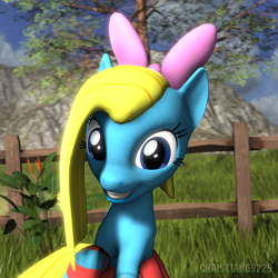 Size: 1024x1024 | Tagged: safe, artist:christian69229, derpibooru import, oc, oc only, oc:cuteamena, earth pony, pony, 3d, bow, bust, clothes, female, fence, looking at you, pleated skirt, portrait, skirt, smiling, socks, solo, source filmmaker, striped socks, tree