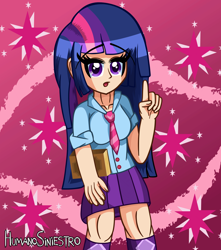 Size: 2552x2893 | Tagged: safe, artist:humanosiniestro, twilight sparkle, equestria girls, book, breasts, clothes, female, human coloration, leg warmers, looking at you, open mouth, skirt, solo