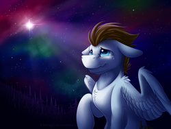 Size: 4000x3000 | Tagged: safe, artist:klarapl, derpibooru import, oc, oc only, oc:core, pegasus, pony, commission, crying, digital art, high res, looking up, male, sad, signature, solo, space, stallion, stars, teary eyes