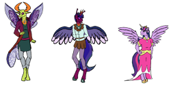 Size: 1800x900 | Tagged: safe, artist:percy-mcmurphy, derpibooru import, thorax, twilight sparkle, twilight sparkle (alicorn), oc, oc:alistair, alicorn, anthro, changedling, changeling, changepony, hybrid, unguligrade anthro, antennae, antlers, clothes, colored sclera, crown, dress, female, hoof shoes, horn, insect wings, interspecies offspring, jewelry, king thorax, male, next generation, offspring, parent:thorax, parent:twilight sparkle, parents:twirax, regalia, shipping, simple background, size difference, smiling, straight, tongue out, transparent background, trio, twirax, wings