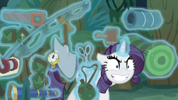 Size: 1280x720 | Tagged: safe, derpibooru import, screencap, mean rarity, pony, unicorn, the mean 6, boots, canteen, clone, compass, crazy face, crazy grin, everfree forest, faic, female, fishing rod, floppy ears, glowing horn, greedity, grin, levitation, magic, magic aura, mallet, mare, messy mane, saw, scissors, shoes, shrunken pupils, sin of greed, smiling, spyglass, telekinesis