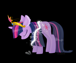 Size: 6000x5000 | Tagged: safe, artist:lavenderheartsmlp, derpibooru import, twilight sparkle, pony, unicorn, the return of harmony, absurd resolution, big crown thingy, black background, crying, discorded, element of magic, female, jewelry, mare, regalia, scene interpretation, simple background, solo