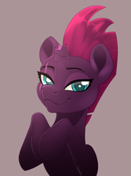 Size: 2015x2702 | Tagged: safe, artist:taneysha, derpibooru import, fizzlepop berrytwist, tempest shadow, pony, unicorn, my little pony: the movie, broken horn, eye scar, female, hooves to the chest, looking at you, mare, scar, simple background, smiling, solo, when she smiles