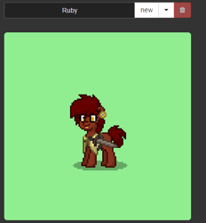 Size: 441x475 | Tagged: safe, screencap, oc, oc only, oc:ruby rouge, earth pony, pony, clothes, colt quest, ear piercing, earring, female, filly, jewelry, piercing, pixel art, pony town, shirt, solo, sprite, sword, teenager, weapon