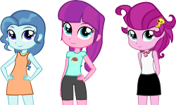 Size: 3994x2383 | Tagged: safe, artist:ironm17, lily longsocks, petunia paleo, strawberry parchment, equestria girls, clothes, compression shorts, cute, dress, equestria girls-ified, group, pigtails, ponytail, scarf, shirt, shorts, simple background, skirt, summer dress, t-shirt, tanktop, transparent background, vector