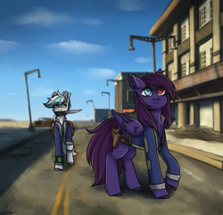 Size: 1350x1300 | Tagged: safe, artist:serodart, derpibooru import, oc, oc:pestyskillengton, earth pony, pegasus, pony, fallout equestria, city, clothes, fallout, fallout 4, fanfic, fanfic art, female, heterochromia, hooves, knife, male, mare, mouth hold, pipboy, pipbuck, request, road, ruined, saddle bag, scenery, sky, stallion, town, vault suit, wasteland, weapon, wings