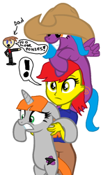 Size: 648x1116 | Tagged: safe, artist:nightshadowmlp, derpibooru import, oc, oc only, oc:game point, oc:night shadow, oc:wysteria sky, human, pony, equestria girls, annoyed, base used, exclamation point, happy, hat, holding a pony, scared, shocked