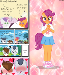Size: 4633x5440 | Tagged: safe, artist:tolpain, derpibooru import, pipsqueak, rumble, scootaloo, sweetie belle, anthro, earth pony, pegasus, plantigrade anthro, unicorn, absurd resolution, blushing, clothes, colt, cute, cutealoo, dialogue, female, filly, girly, male, miniskirt, park, pleated skirt, pointy ponies, shoes, skirt, skirtaloo, socks, surprised, tomboy taming, weapons-grade cute