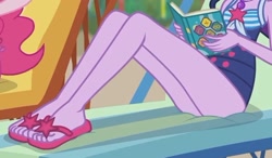 Size: 2100x1225 | Tagged: safe, derpibooru import, screencap, sci-twi, twilight sparkle, better together, equestria girls, friendship math, clothes, cropped, feet, flip-flops, foot focus, legs, pictures of legs, sandals, schrödinger's pantsu, swimsuit