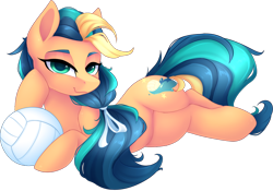 Size: 1000x699 | Tagged: safe, artist:scarlet-spectrum, derpibooru import, oc, oc only, oc:playa "spikeball" azul, earth pony, pony, commission, digital art, draw me like one of your french girls, female, looking at you, mare, prone, simple background, smiling, solo, sports, transparent background, volleyball