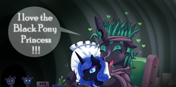 Size: 1000x495 | Tagged: safe, artist:vavacung, derpibooru import, nightmare moon, oc, alicorn, changeling, changeling queen, comic:my life as a short dragon, changeling queen oc, female