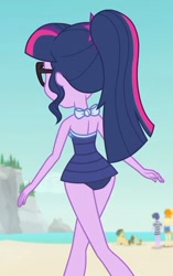 Size: 1317x2100 | Tagged: safe, derpibooru import, screencap, microchips, sandalwood, sci-twi, twilight sparkle, valhallen, better together, equestria girls, forgotten friendship, ass, beach, butt, clothes, cropped, female, ponytail, sexy, swimsuit