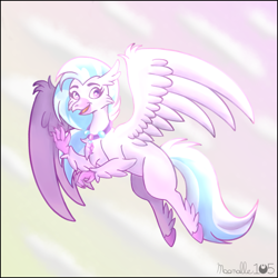 Size: 1006x1006 | Tagged: safe, artist:moonalle105, derpibooru import, silverstream, classical hippogriff, hippogriff, chest fluff, female, flying, jewelry, necklace, solo, waving