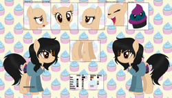 Size: 1024x581 | Tagged: safe, artist:t-aroutachiikun, derpibooru import, oc, oc:capuccino cupcake, earth pony, pony, clothes, female, mare, reference sheet, shirt, solo