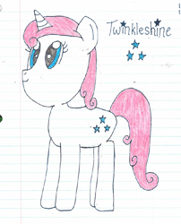 Size: 594x736 | Tagged: safe, artist:nightshadowmlp, derpibooru import, twinkleshine, unicorn, female, lined paper, mare, smiling, solo, text, traditional art