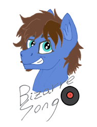 Size: 2921x3846 | Tagged: safe, artist:summerium, derpibooru import, oc, oc only, oc:bizarre song, bust, cutie mark, ear fluff, male, mixed media, portrait, smiling, solo, stallion, text