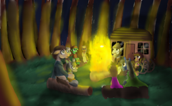 Size: 2890x1794 | Tagged: safe, artist:mr100dragon100, derpibooru import, wolf pony, campfire, forest, wagon