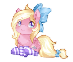 Size: 587x498 | Tagged: safe, artist:loyaldis, derpibooru import, oc, oc only, oc:bay breeze, pegasus, pony, blushing, bow, chest fluff, chibi, clothes, cute, female, hair bow, heart eyes, mare, simple background, sitting, socks, striped socks, tail bow, transparent background, wingding eyes