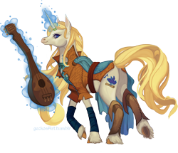 Size: 2204x1898 | Tagged: safe, artist:sitaart, oc, oc only, oc:blue haze, pony, unicorn, bard, blonde, blonde mane, blonde tail, blue eyes, clothes, dungeons and dragons, fantasy class, female, horn ring, lute, mare, pathfinder, pen and paper rpg, ponyfinder, rpg, simple background, solo, transparent background, unshorn fetlocks, white fur