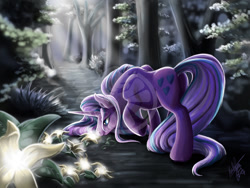 Size: 800x600 | Tagged: safe, artist:zene, oc, oc only, oc:flareheart, pony, unicorn, female, flower, forest, mare, solo, tree, watermark