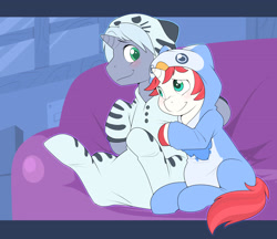 Size: 3308x2864 | Tagged: safe, artist:cuddlehooves, derpibooru exclusive, oc, oc only, oc:chilled steel, oc:felix, pony, unicorn, blushing, clothes, costume, cute, footed sleeper, gay, kigurumi, male, pajamas, sitting, snuggling, sofa