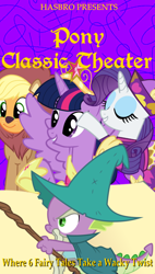 Size: 572x1007 | Tagged: artist needed, safe, derpibooru import, edit, applejack, rarity, spike, twilight sparkle, twilight sparkle (alicorn), alicorn, dragon, earth pony, pony, unicorn, series:pony tales, animal costume, applelion, big crown thingy, clothes, costume, fairy tale, garbuncle, jewelry, muppet classic theater, parody, regalia, vhs