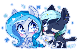 Size: 623x418 | Tagged: safe, artist:ipun, oc, oc only, oc:bubble lee, oc:mako, earth pony, hybrid, orca pony, original species, pony, unicorn, blushing, chibi, commission, couple, cute, ear piercing, flower, heart, heart eyes, makolee, male, ocbetes, one eye closed, piercing, raised hoof, simple background, sitting, smiling, straight, transparent background, wingding eyes, wink