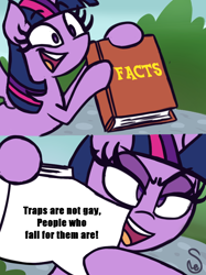 Size: 760x1015 | Tagged: safe, artist:quarium edits, derpibooru import, twilight sparkle, twilight sparkle (alicorn), alicorn, 2 panel comic, book, comic, comma splice, ed edd n eddy, exploitable meme, fact, female, hoof hold, image macro, male, meme, solo, trap, twilight's fact book, whoops