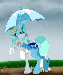 Size: 1280x1526 | Tagged: safe, artist:pinktabico, oc, oc only, oc:spring rain, pony, unicorn, cloud, female, glowing horn, mare, patreon reward, rain, raised hoof, solo, storm, umbrella