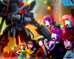 Size: 1560x1240 | Tagged: safe, artist:the-butch-x, derpibooru import, blueberry cake, garden grove, indigo wreath, melon mint, microchips, mystery mint, normal norman, velvet sky, equestria girls, background human, bayformers, blackout (decepticon), commission, crossover, decepticon, hasbro, michael bay, open mouth, scared, screaming, transformers, war