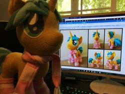 Size: 400x300 | Tagged: safe, artist:lumenglace, snails, pony, clothes, cute, glitter shell, inception, irl, photo, pink, plushie, plushieception, scarf, socks, striped socks, stripes