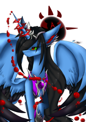 Size: 2893x4092 | Tagged: safe, artist:ranadi, derpibooru import, oc, oc only, oc:orcus rezidence haifa, demon, pony, armor, blood, bloody power, coldness, eyes closed, female, god of death, legend, mane long, mysterious, queen, single