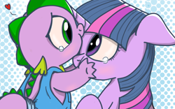 Size: 960x600 | Tagged: safe, artist:mamatwilightsparkle, derpibooru import, spike, twilight sparkle, dragon, baby, baby spike, crying, cute, forehead kiss, kissing, mama twilight, platonic kiss, weapons-grade cute