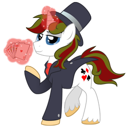 Size: 3717x3752 | Tagged: safe, artist:lostinthetrees, oc, oc only, oc:trickshot, pony, unicorn, card, clothes, hat, high res, magic, male, raised leg, simple background, solo, stallion, suit, top hat, transparent background