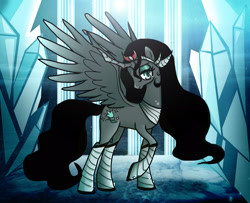 Size: 1782x1445 | Tagged: safe, artist:yula568, derpibooru import, oc, oc only, oc:crystal flower, changepony, hybrid, female, interspecies offspring, mare, offspring, parent:king sombra, parent:queen chrysalis, parents:chrysombra, solo