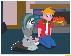 Size: 2889x2295 | Tagged: safe, artist:conikiblasu-fan, derpibooru import, big macintosh, marble pie, equestria girls, hearthbreakers, blushing, boots, clothes, equestria girls interpretation, equestria girls-ified, female, fireplace, hair over one eye, holding hands, kneeling, male, marblemac, miniskirt, scene interpretation, shipping, shoes, shy, skirt, smiling, straight