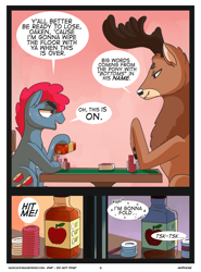 Size: 2000x2700 | Tagged: safe, artist:xieril, apple split, oc, oc:oaken, deer, pony, comic:buck of the draw, alcohol, apple family member, comic, explicit source, gay, male, poker, saddle up 2: creature comforts, shipping, speech bubble, sweat