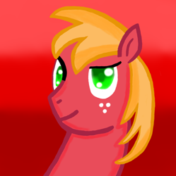 Size: 498x499 | Tagged: safe, artist:zeospark16, big macintosh, earth pony, pony, bust, colored pupils, freckles, gradient background, red background, simple background, solo