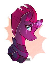 Size: 2800x3459 | Tagged: safe, artist:kaatseye, derpibooru import, fizzlepop berrytwist, tempest shadow, pony, unicorn, broken horn, bust, ear fluff, eye scar, female, glowing horn, high res, looking at you, portrait, profile, scar, side view, simple background, solo