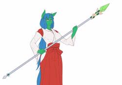 Size: 5242x3668 | Tagged: artist needed, safe, derpibooru import, oc, oc only, oc:natsumi, anthro, unicorn, blue hair, clothes, female, hakama, kimono (clothing), mare, miko, staff