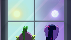 Size: 1920x1090 | Tagged: safe, screencap, spike, twilight sparkle, twilight sparkle (alicorn), alicorn, dragon, pony, princess twilight sparkle (episode), duo, moon, split sky, sun, twilight (astronomy), window